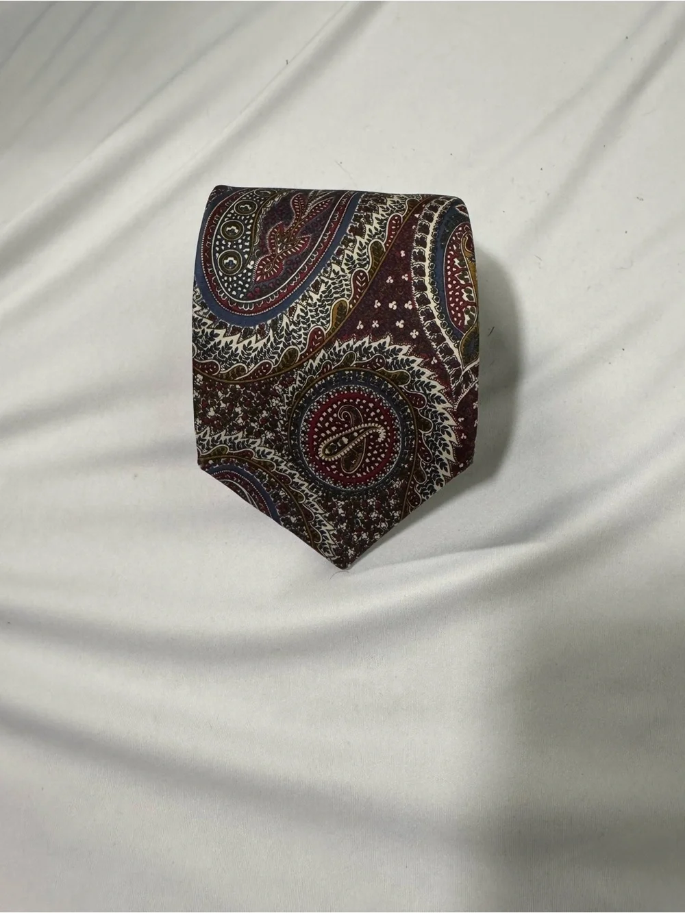 Harvé Benard Burgundy Paisley Silk Tie with Gold and Navy Accents